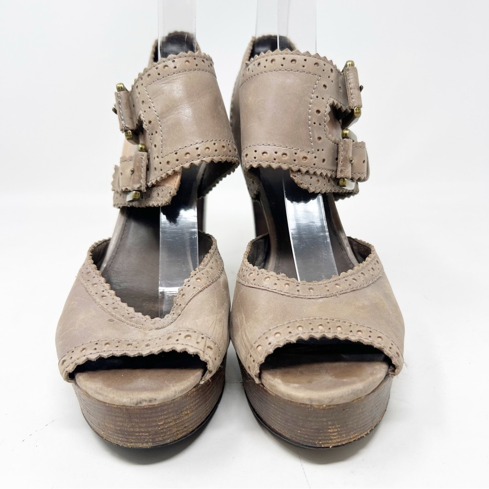 HALOGEN TAUPE BROWN DOUBLE BUCKLE LEATHER PLATFORM HEELS LYNDEN WOMENS SZ 9 - Picture 6 of 10